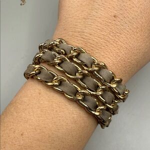 Ann Taylor Loft Gold Tone Tan Ribbon Chain Bangle Cuff Statement Bracelet